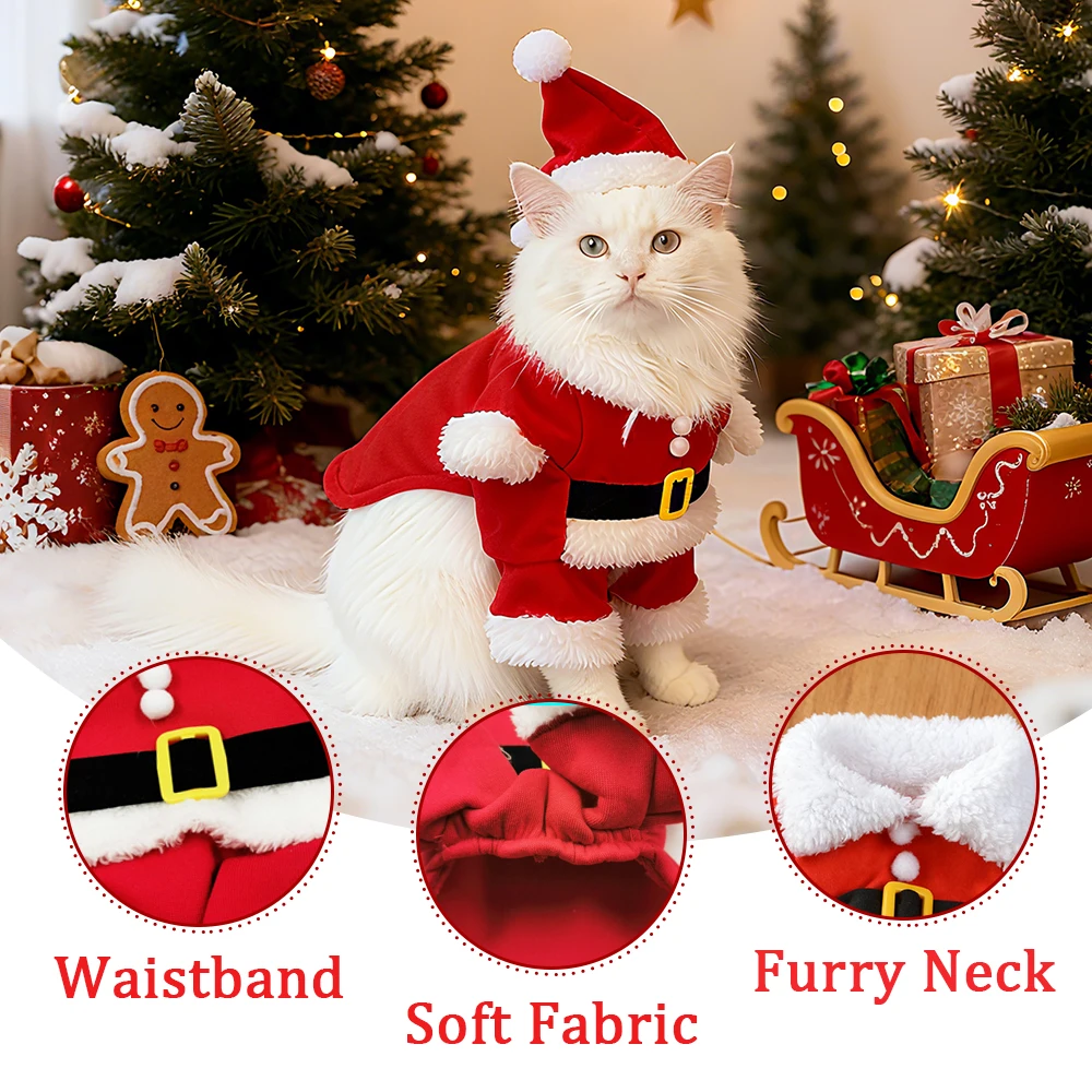 A white cat in a Santa outfit by Christmas trees and gifts wears KittyNook Cat Co.'s stylish festive cat clothes.