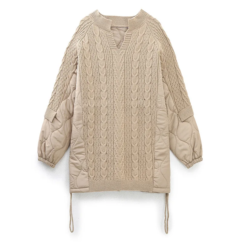 

Women Oversize Sweater Korean V-neck Cotton Spliced Casual Loose Blouse Patchwork Knitted Female 2023 Spring Winter Pullover