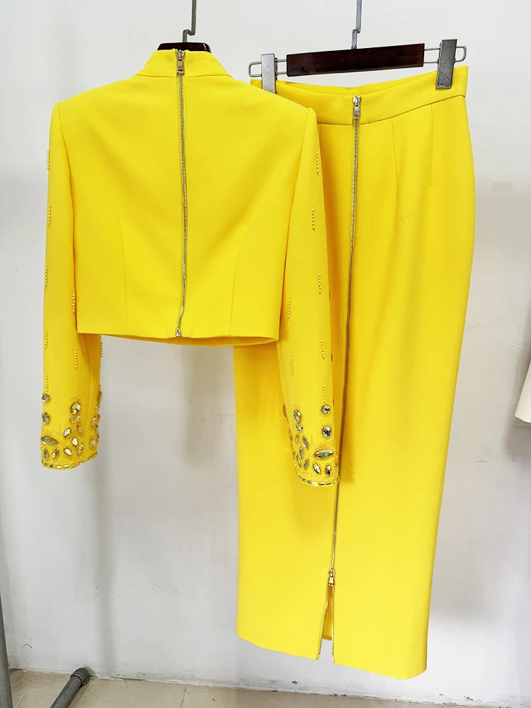 HIGH STREET Newest 2024 Designer Runway Suit Set Women's Stand Collar Zip Back Cropped Tops Long Skirt Set 2pcs 3