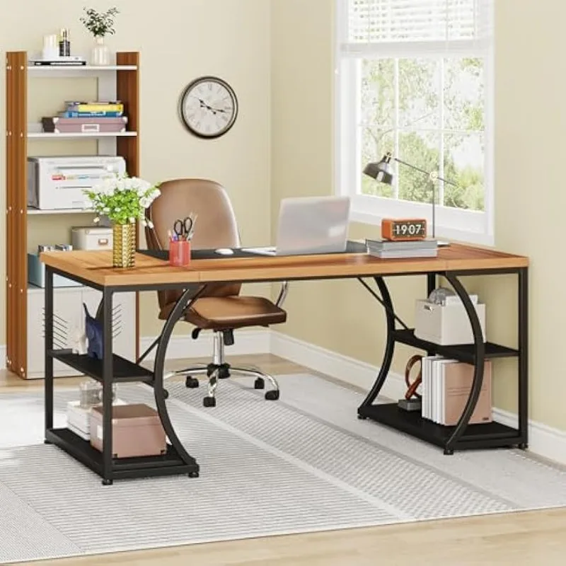 

Large Home Office Desk with Storage Shelves and Ergonomic Curved Edge for Work Writing, 63 inches Workstation Computer Table