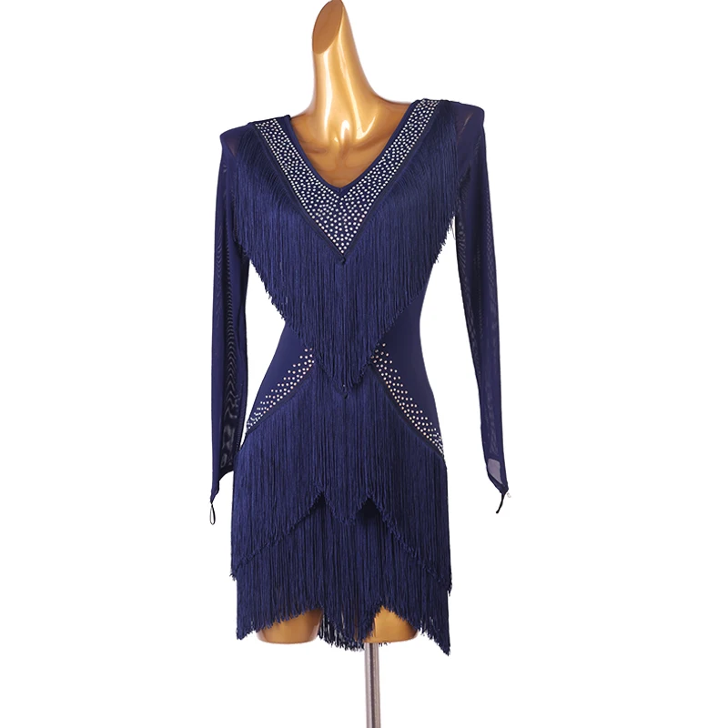 Navy Blue Latin Dance Dress Tassel 