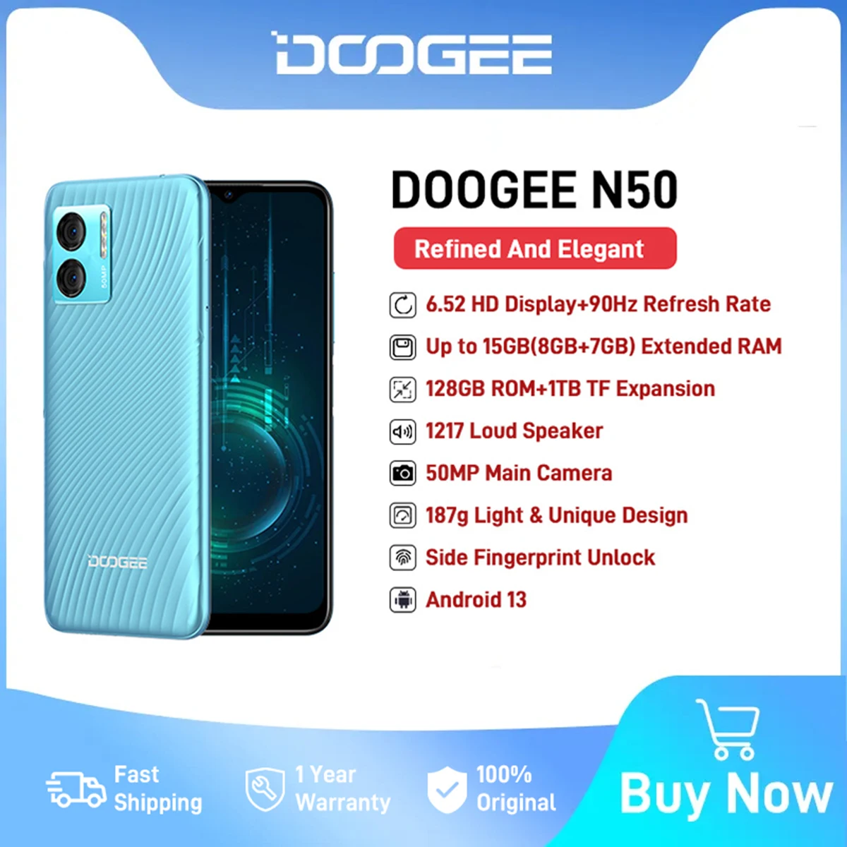 

DOOGEE N50 Smartphone 6.52" HD Display 50MP Ai Main Camera 8GB+128GB Octa Core 18W Fast Charger Android 13 4200mAh Callphone
