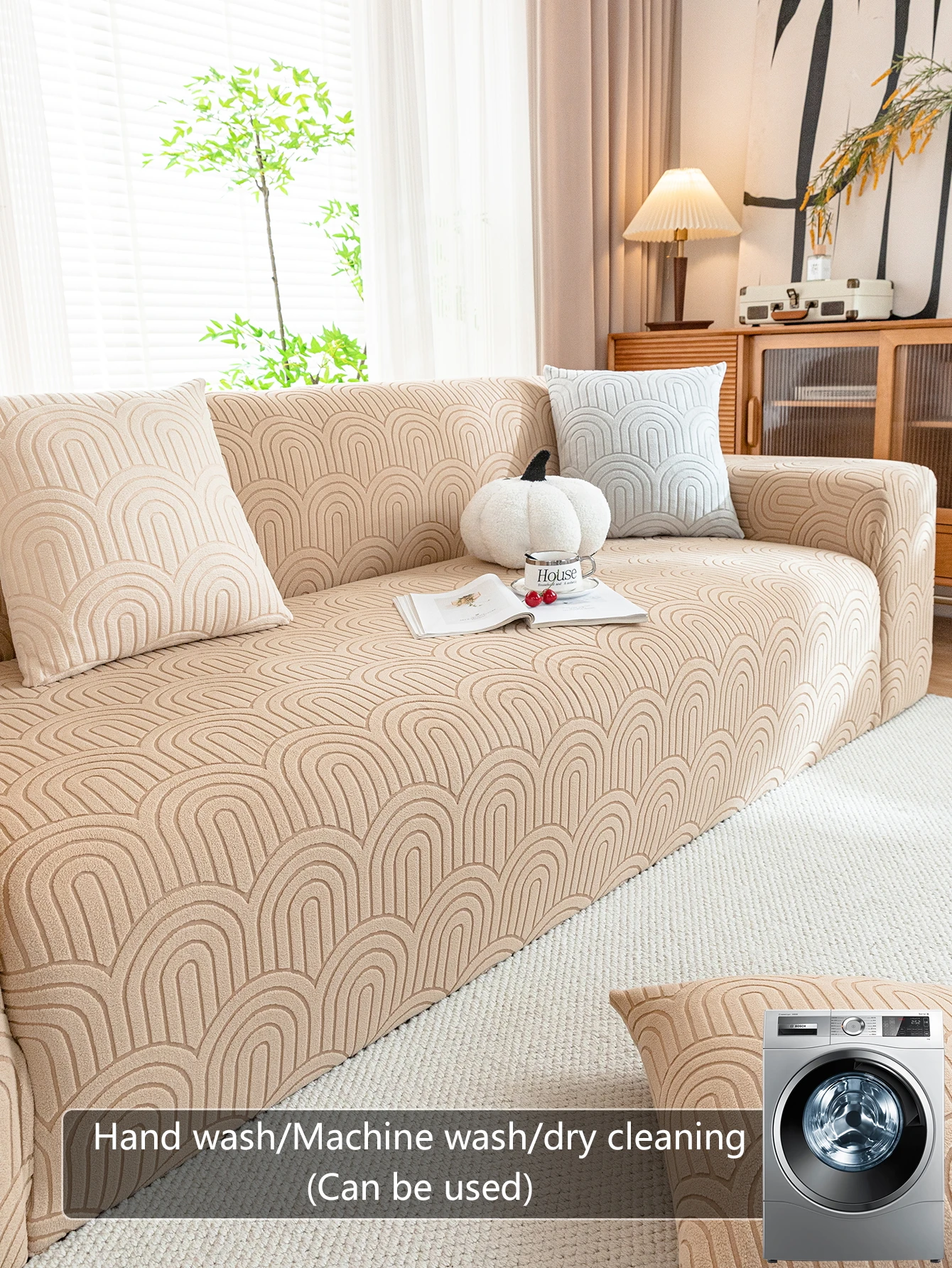 1PC Solid Stretch Sofa Cover – Spandex Polyester Jacquard Arch Non-Slip Soft Couch Cover,Washable Furniture Protector with Non-Slip Foam&Elastic Bottom for Kids Pets,Living Room Decor 2