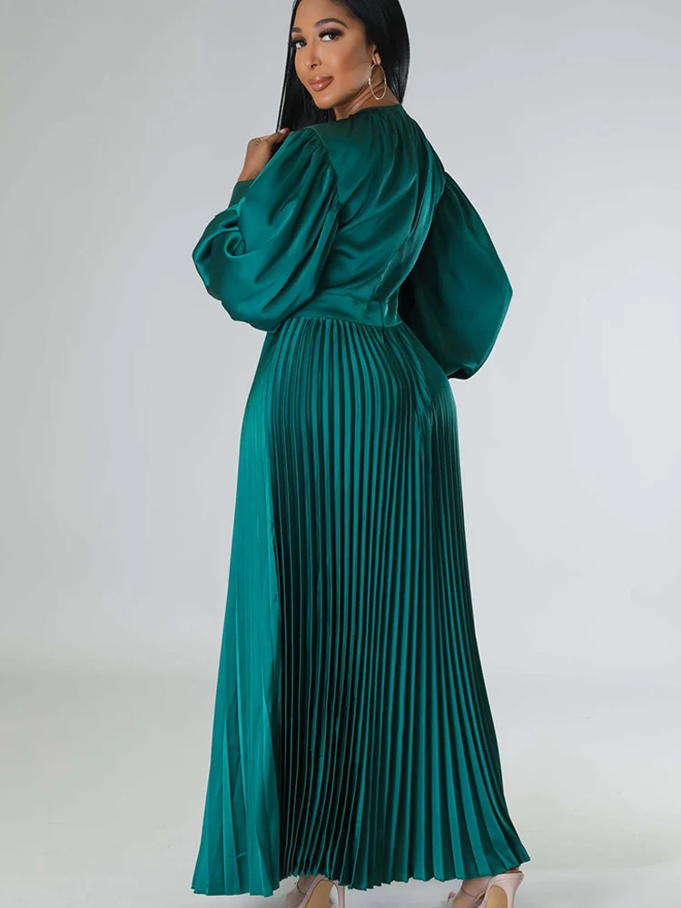 LauraGalic V-Neck Long Dress with High Leg Slit, Long Sleeves Pleated Gown | Adelina