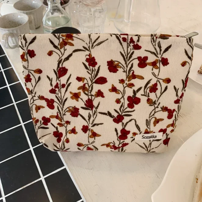 Floral Embroidery Corduroy Canvas Makeup Organizer Bag