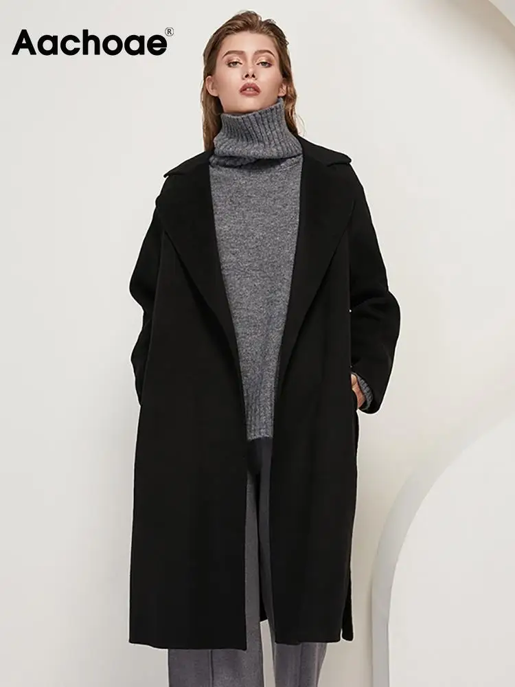 

Aachoae 100% Wool Long Coat With Belt Women Long Sleeve Side Split Chic Outerwear Turn Down Collar Casual Black Overcoat