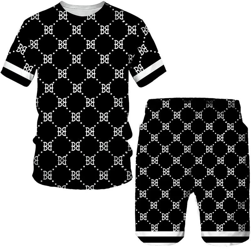 Summer men's jogging Sportswear Brand fashion two-piece dot geometry 3D printing short sleeved T-shirt+shorts casual suit
