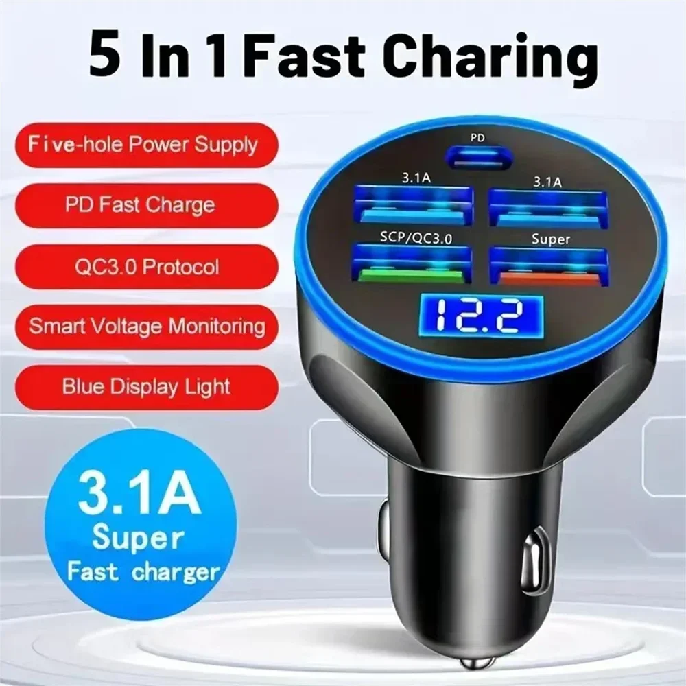 250W Super Fast Charging Car Charger 5-in-1 Adapter Charging Head Converter 4USB+PD Mobile Phone One Tow Three Elect Electronic