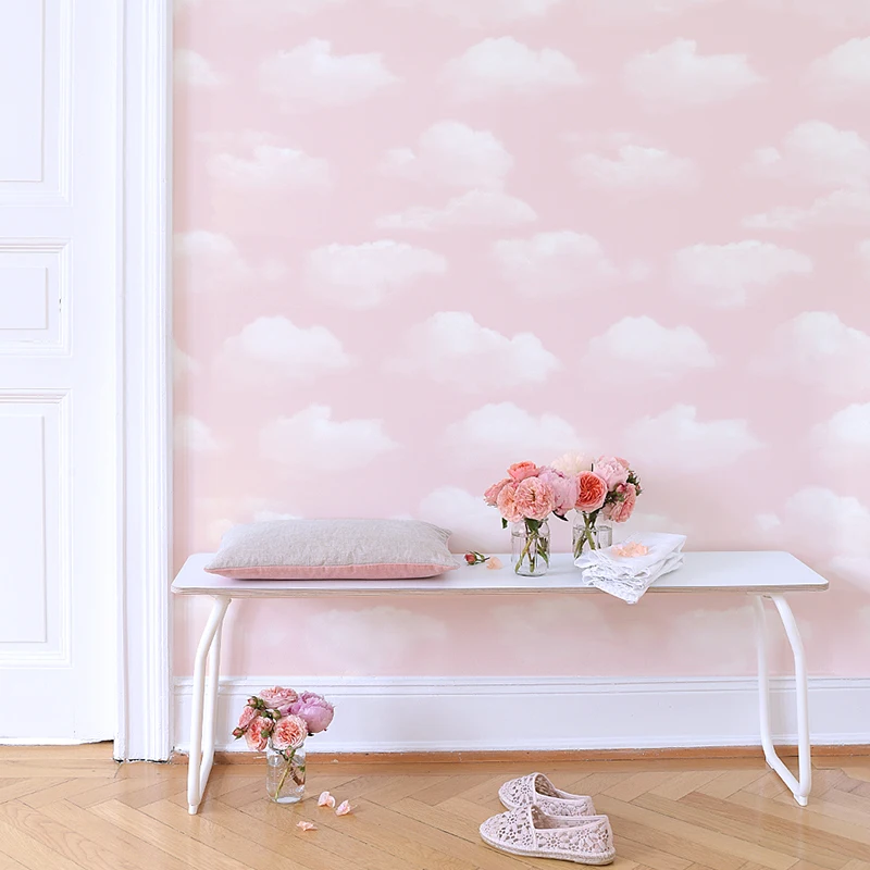Pink White Clouds Wallpaper Roll Non-Woven Children's Room Baby