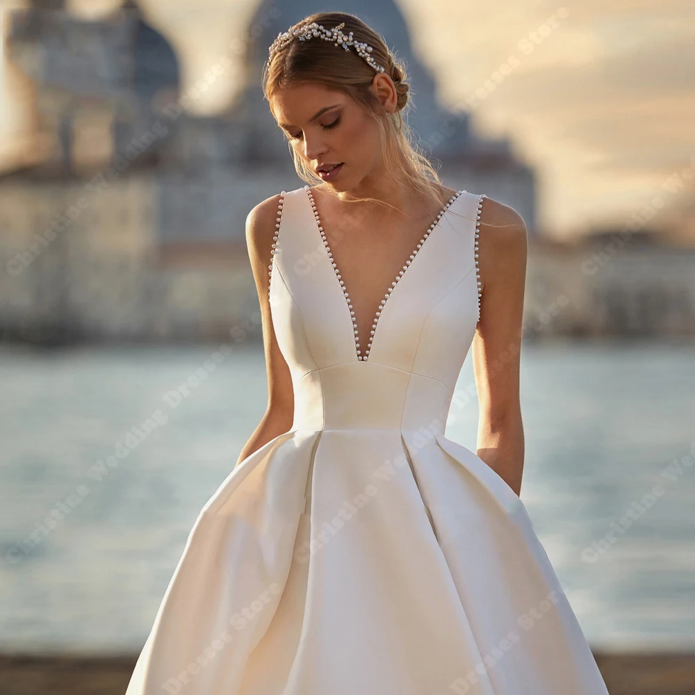 Elegant Satin Women Wedding Dresses Sexy Princess Banquet A-Line Bride Gowns Mopping Length Bohemia Vestidos De Novia Customized 3