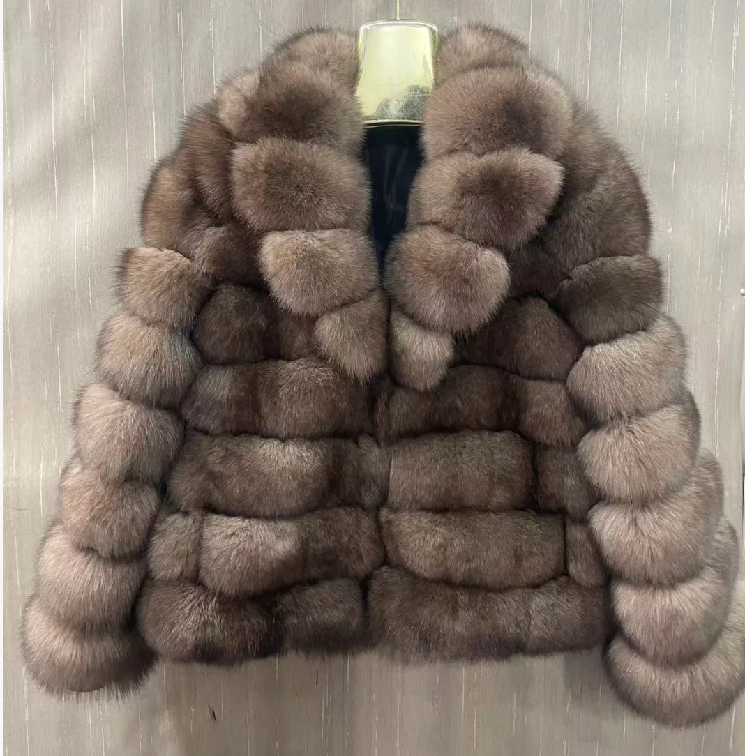 Women's Real Fox Fur Jacket with Large Lapel Detachable Sleeves Warm Stylish Winter Coat Fashionable Animal Skin Outerwear