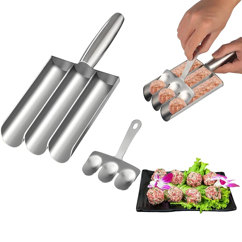 Meatball Scoop Maker LMETJMA Stainless Steel Meatball Maker Kitchen Triple Fishball Shrimp Ball Tool JT246