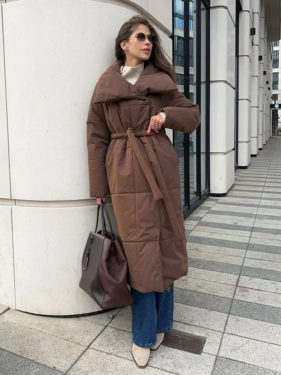 Bornladies Women Loose Quilted Jackets Parkas Winter Coats Oversized Warm Long Belt Puffer Jackets Ladies Cotton Padded Jacket 4