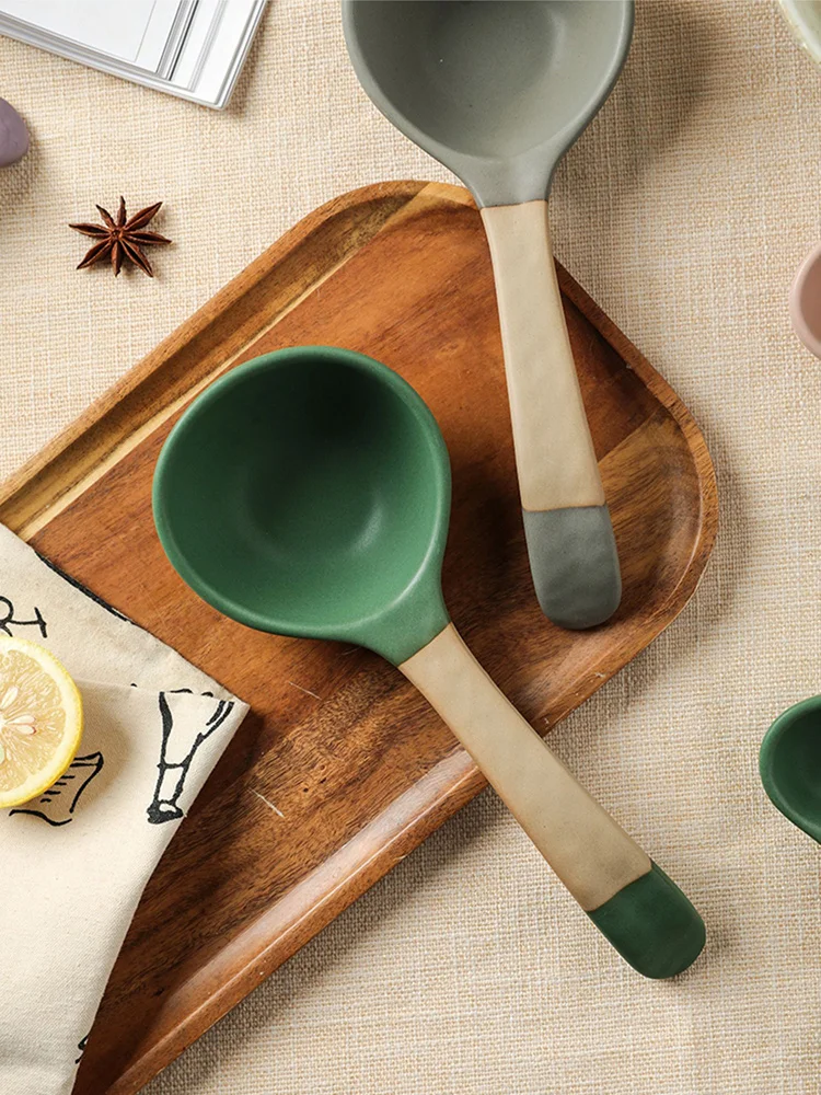 Ceramic Soup Spoon Japan Retro Style Home High Quality Porcelain Green Grey Purple Pink Spoons 2 Sizes 4 Colors Tableware