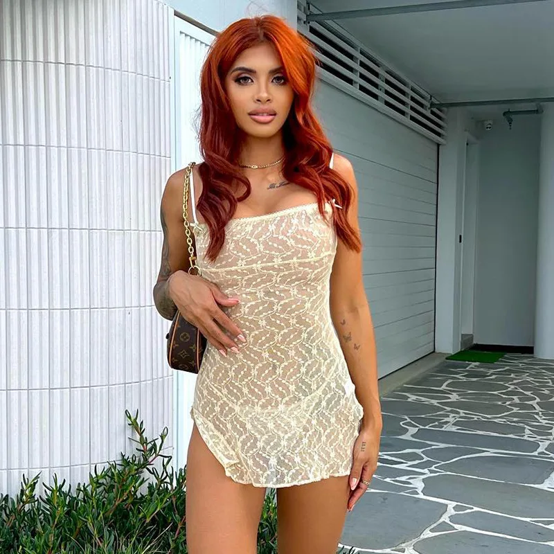 

Sexy Backless Lace Mini Dress for Girls Elegant Summer Sling See Through Fairy Sleeveless Split Slim Dresses for Women Vestidos