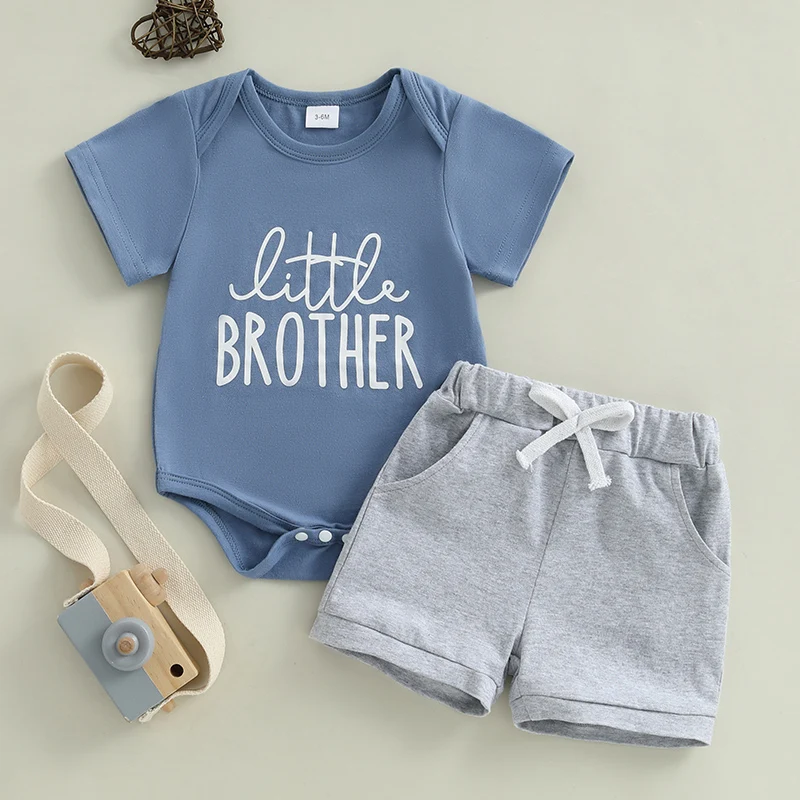 Set di pantaloncini estivi per neonato da 0 a 6 mesi, pagliaccetto con stampa di lettere a maniche corte e set di pantaloncini in tinta unita 2