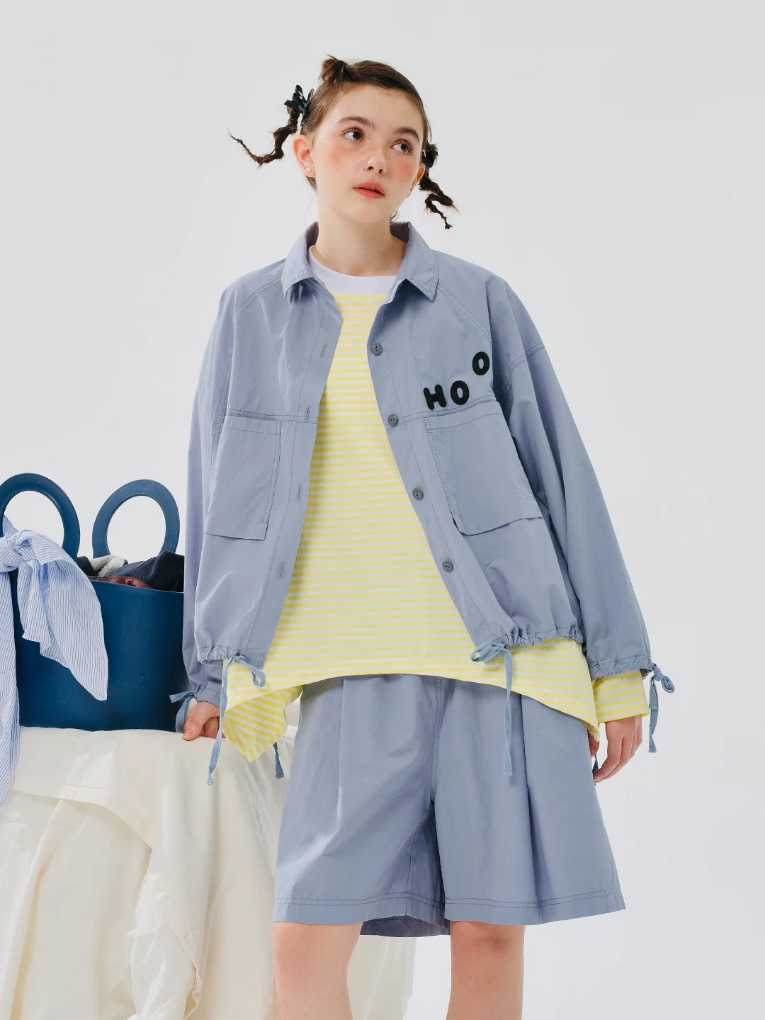 IMAKOKONI 여성용 라펠 긴팔 문자 자수 포켓 스트랩 블루 셔츠 탑, 오리지널 디자인, 244501