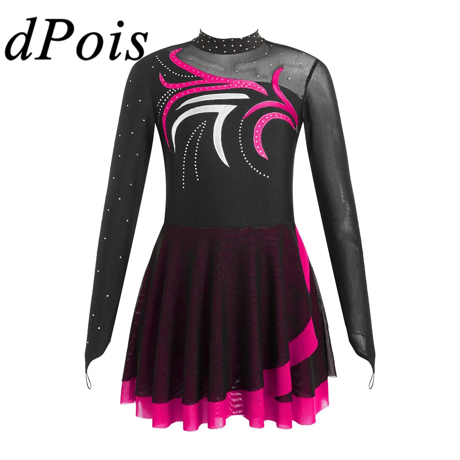 

Kids Girls Figure Skating Dance Dress Performance Costume Teens Sparkly Rhinestones Sheer Mesh Ballet Dress Gymnastics Leotard