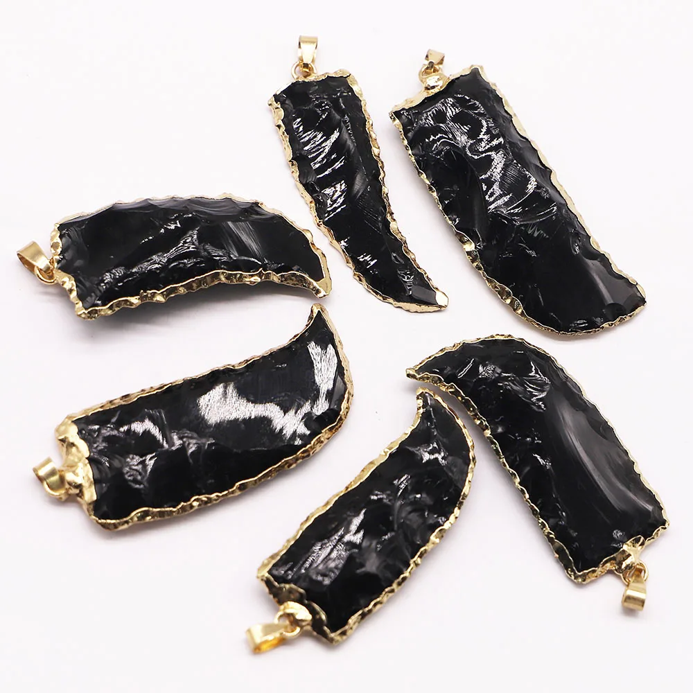 Natural Obsidian Arrow Rough Stone Pendant Necklace Mineral Healing Golden Side Glamour Charm DIY Fashion Jewelry Wholesale 2Pcs