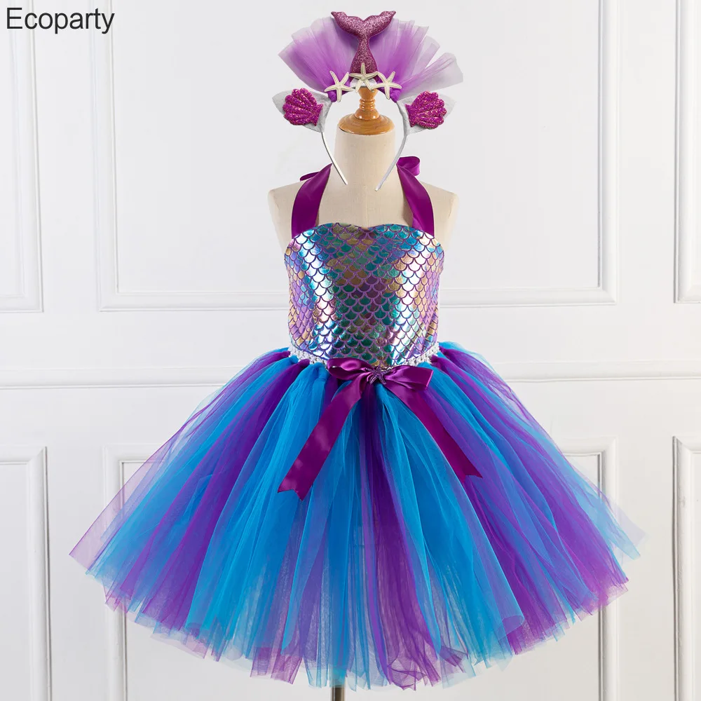 

2022 Kids Mermaid Cosplay Costume Dress Girls Summer Backless Fish Scales Pattern Tutu Skirt Childs Carnival Party Prom Dresses