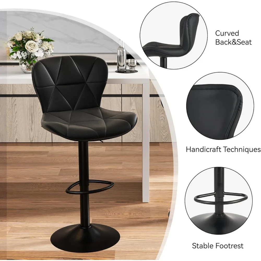 Modern Bar Stool Set of 2, Adjustable Faux Leather Upholstered Swivel Counter Stools, Counter Height Barstools with Back