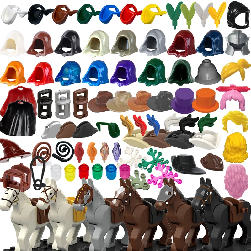 MOC Building Blocks Set Bricks Cowboy Pirate Triangle Hat Feather Headdress Hooded Cloak Knight Warhorses Kids Particle DIY Toys
