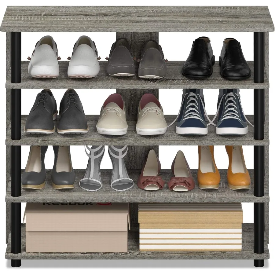 TurnNTube 5 Tier Wide Shoe Rack French Oak Grey Black 32 Inch