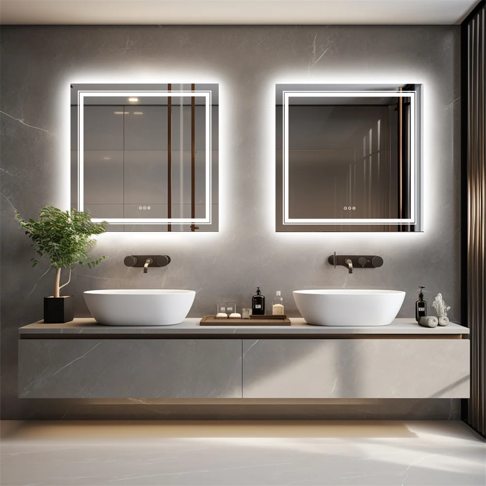 LUVODI Dimmable LED Bathroom Wall Mirror Square Illuminated Makeup Mirror with Defog Feature for Vanity