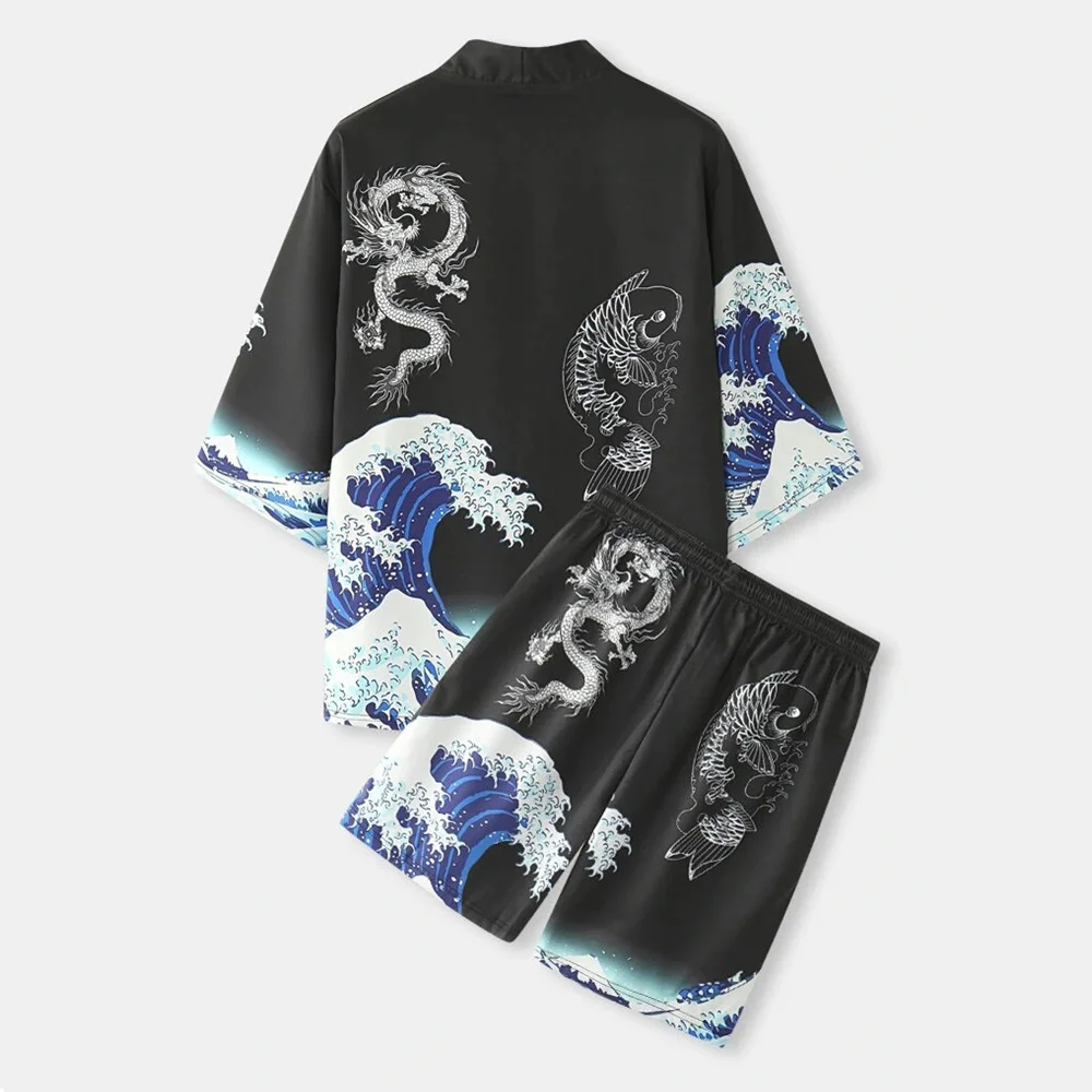 Two-piece Suit Japanese Crane Cardigan Yukata Clothing Haori Shorts Sets Men Women