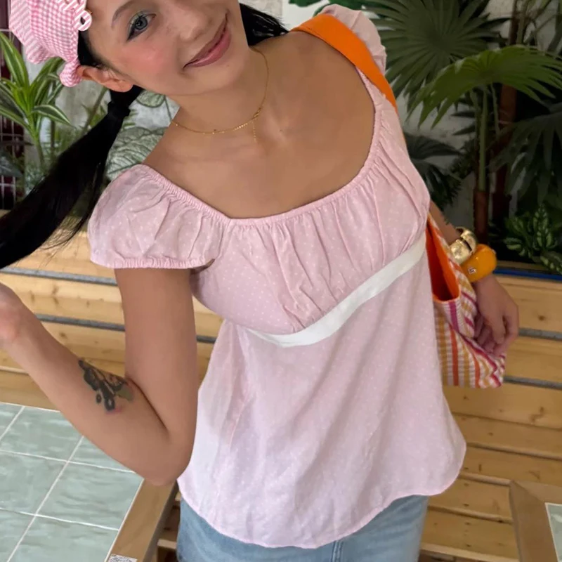 Women Cutest Babydoll Crop Tops Teen Girl Square Collar Short Sleeve Milkmaid Tees Preppy Vintage Y2K Aesthetic Tie Up T-shirt 2