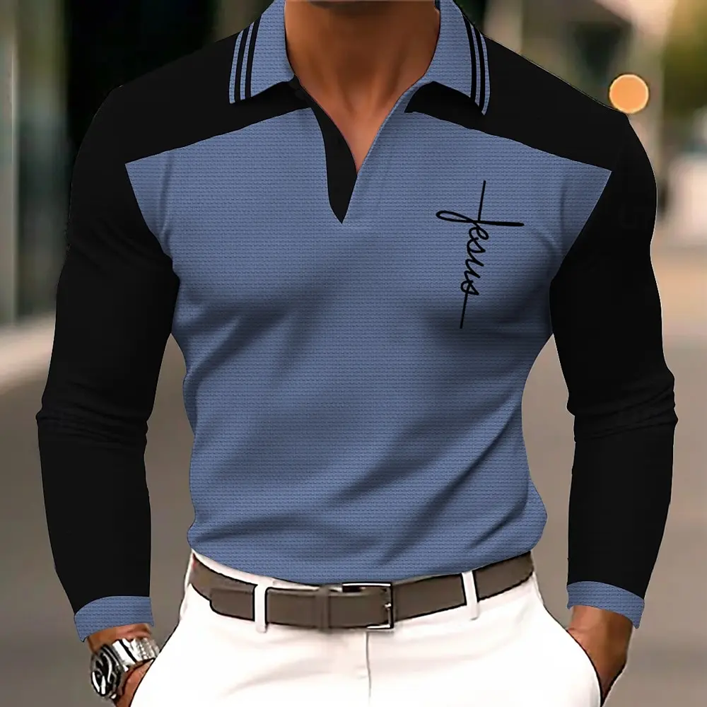 Men's 3D Printed Cross Pattern Golf Shirt Long Sleeve Polo Shirt Business Casual