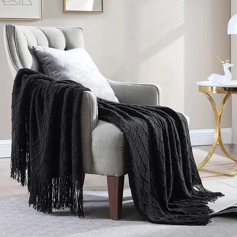 

Rhombus Acrylic Knit Woven Blanket,Soft Nap Throw With Tassel For Bed Sofa Travel Picnic, Suitable For All Seasons