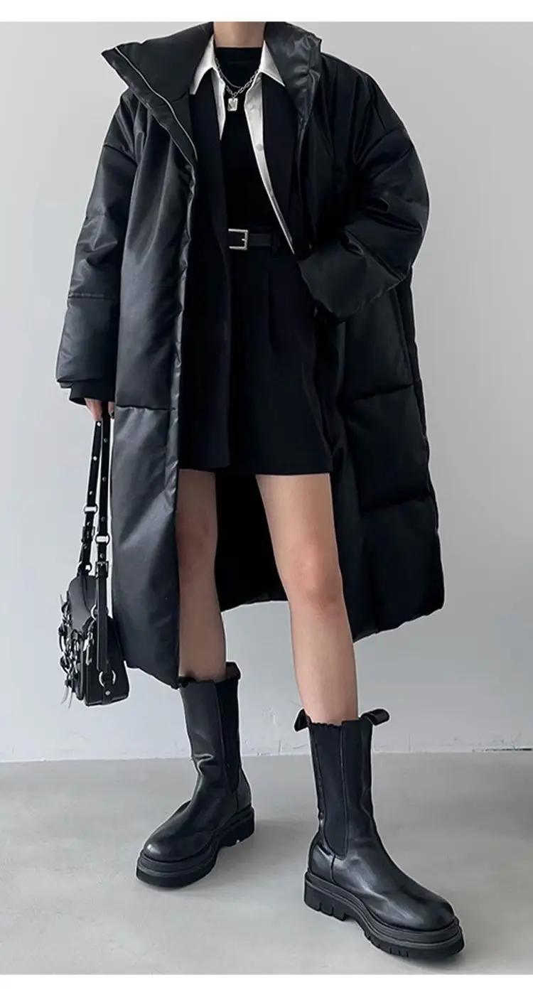 Winter Long Pu Leather Down Jacket Female Black Thick Warm Cotton Parka Outwears Women White Duck Down Knee Length Down Jackets