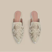 Velour Embroidery Flower Slippers Women Pointed Toe Flats Mules Elegant Ladies House Pantufa Shoes Slip On Slides Femmes Sandals - Image 3