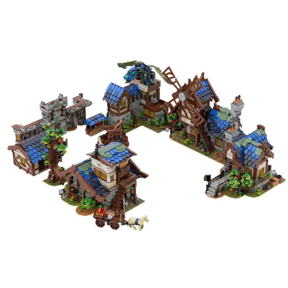 

5-in-1 Medieval Town Bundle with House, Windmill, Town Market 2164 Pieces MOC