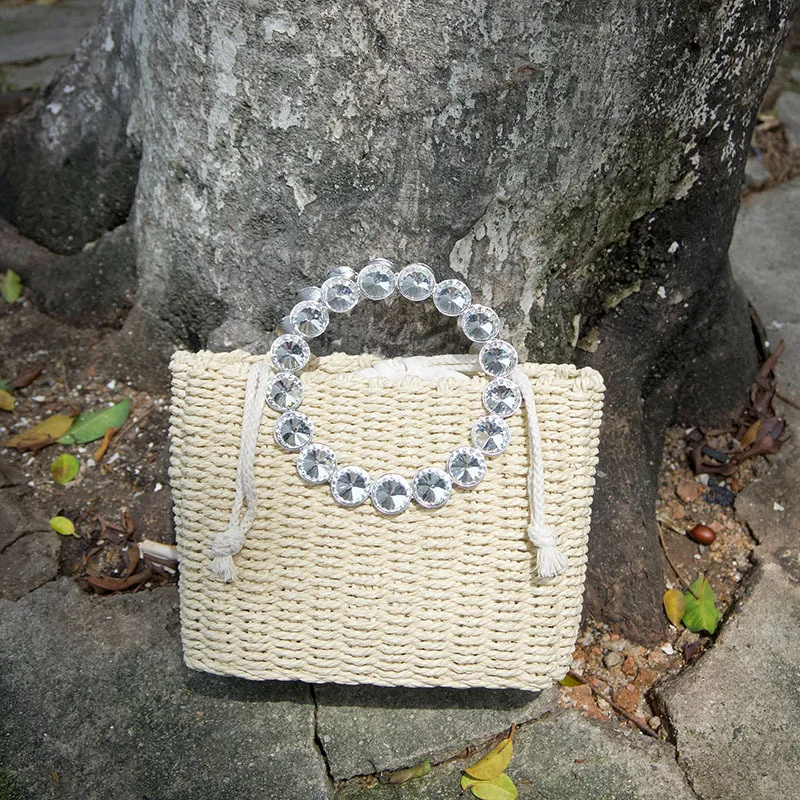 Summer diamond Straw Bucket Bag For Women Handmade Woven Handbag Fashion Style Beach Bag Basket Woven Crossbody Bag Purse Totes