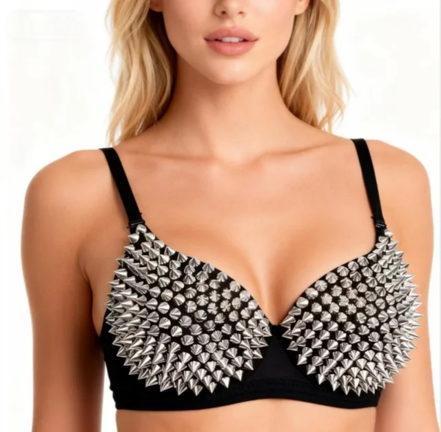 Rivets argentés Punk Rave Bralette Lingerie gothique soutien-gorge haut Sexy Push Up brassière discothèque fête Bar mode soutiens-gorge chauds pour les femmes 1