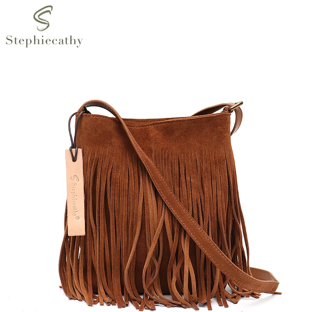 Women's Vegan Leather Round Crossbody Boho Bag with Fringe Cross Shoulder Bag for Women