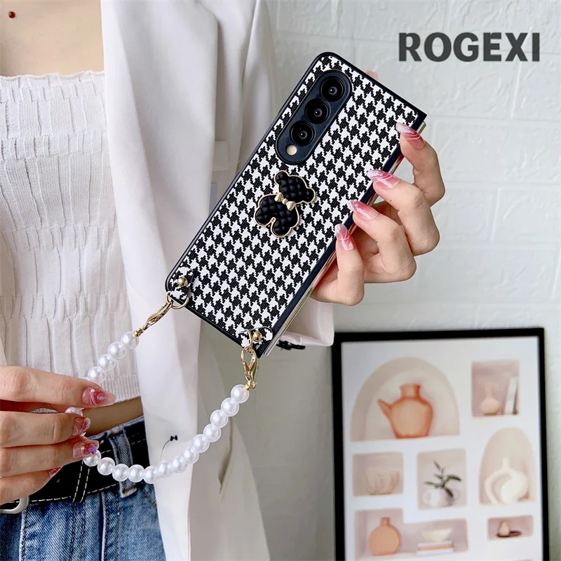 3D Camellia PU Leather Houndstooth Pattern Phone Cover For Samsung Galaxy Z  Fold 5 4 3 2 Crossbody Lanyard Pearl Bracelet Case - AliExpress