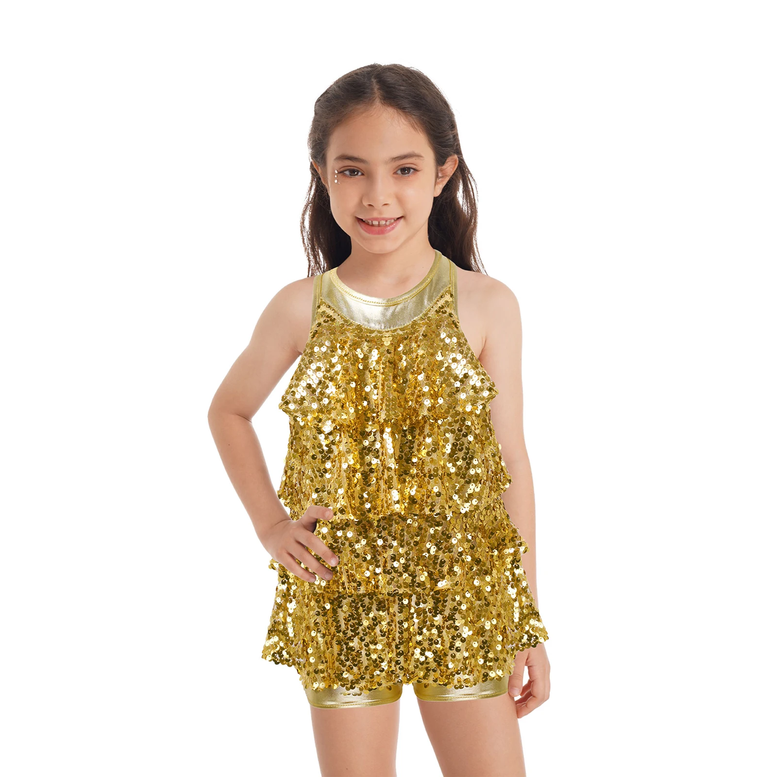 Kids Girls Modern Jazz Latin Dance Costumes Halter Shiny Sequins Ballet Dance Shorty Unitard Dress Girls Stage Ballet Dancewear