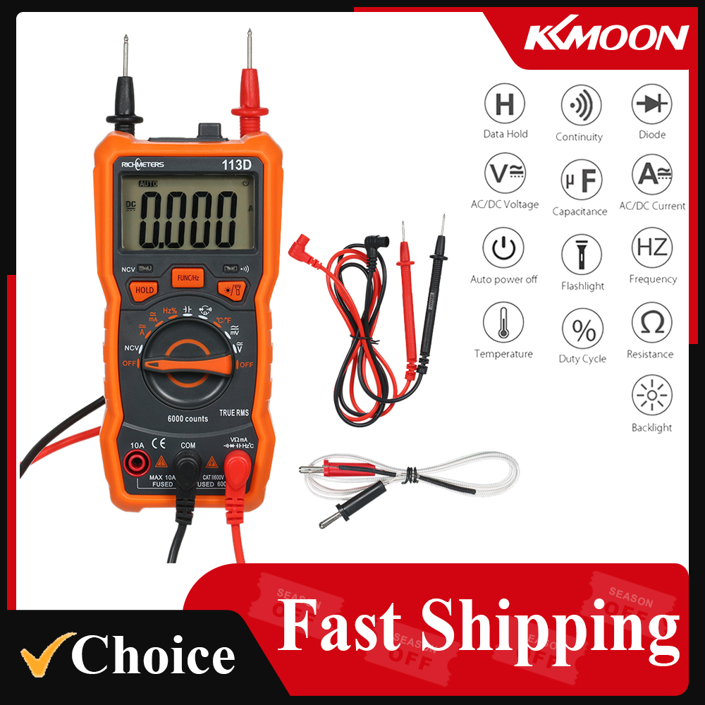 RICHMETERS RM113D NCV Digital Multimeter 6000 Counts Auto Ranging AC/DC Voltage Meter Flash Backlight Large Screen Flashlight