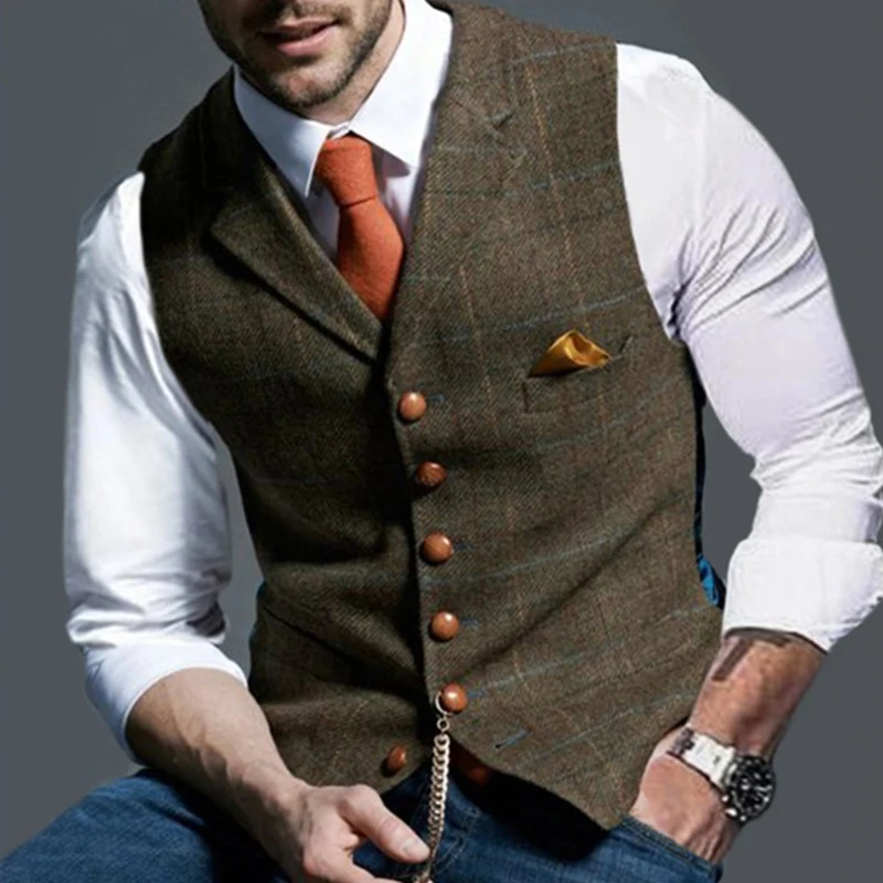 Men's Vests Lapel Tweed Plaid V-neck Waistcoat Slim Fit Business Formal Dress Suit Casual Wedding Tuxedo cotton vest mens suit dress vests