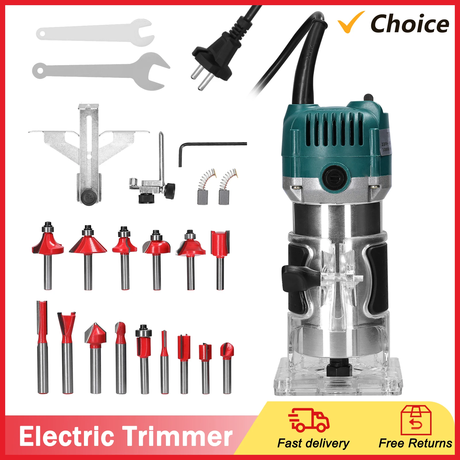 Wood Router Electric Trimmer Wood Milling Trimming Engraving Slotting Machine Versatile Woodworking Power Tool with Milling Cutters