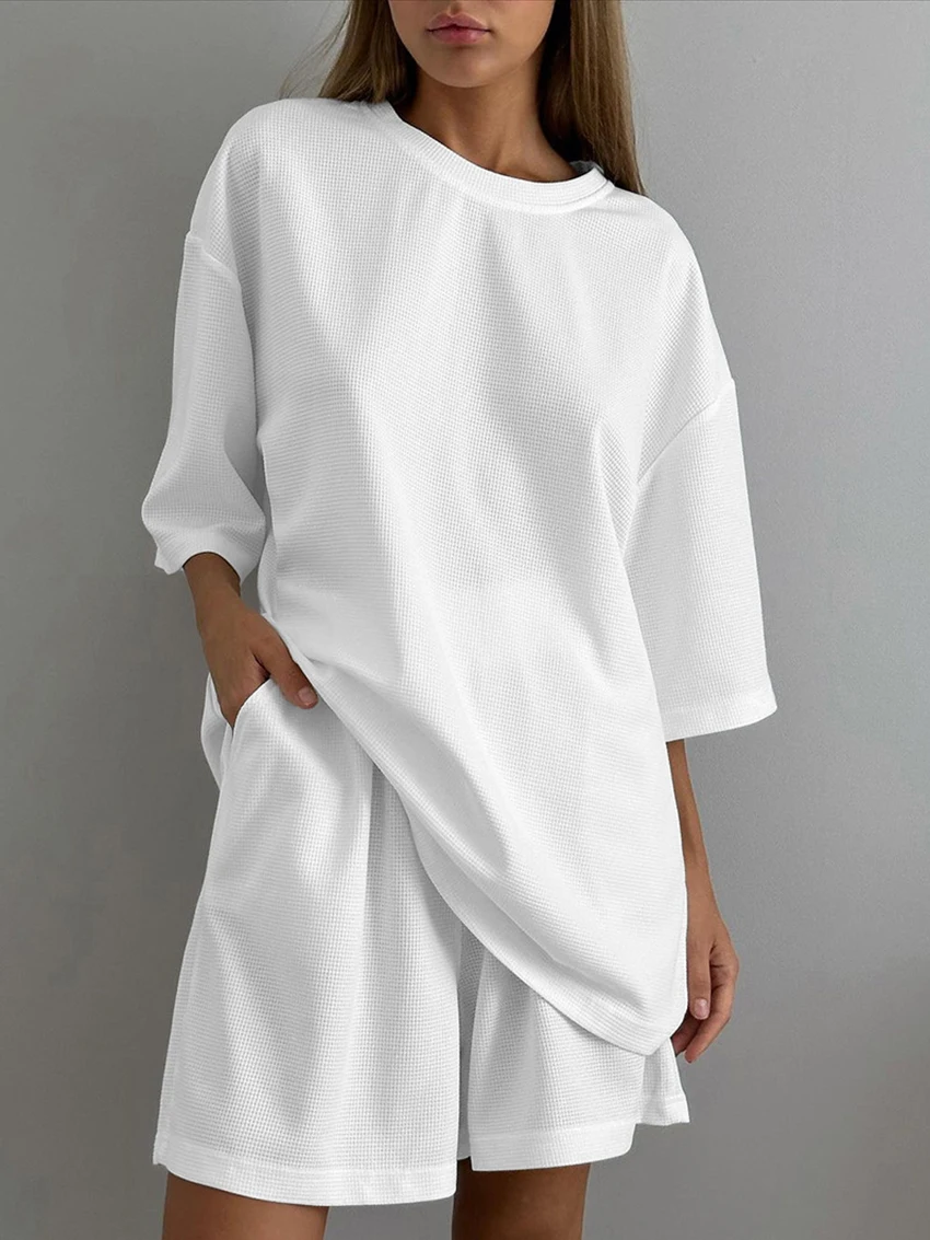 Marthaqiqi Loose Ladies Sleepwear 2 Piece Set Half Sleeve Pajamas O-Neck Nightgowns High Waist Shorts Casual Home Clothes Women