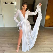

Thinyfull Elegant V Neck A Line Lace Wedding Dresses 2022 Long Sleeves High Side Slit Beach Bridal Gowns Princess Vestidos Boda