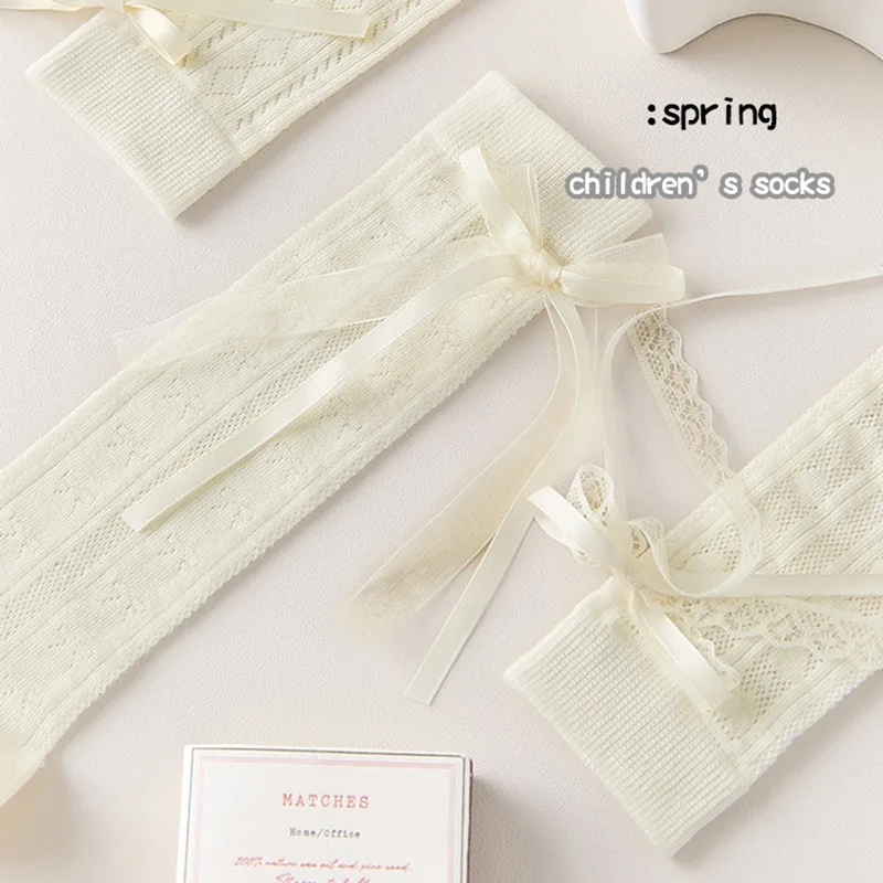 White Hollow Girls Lace Bows High Long Socks Mesh Over Knee Thin Socks for Kids Kawaii Lolita Princess Socks School Stockings