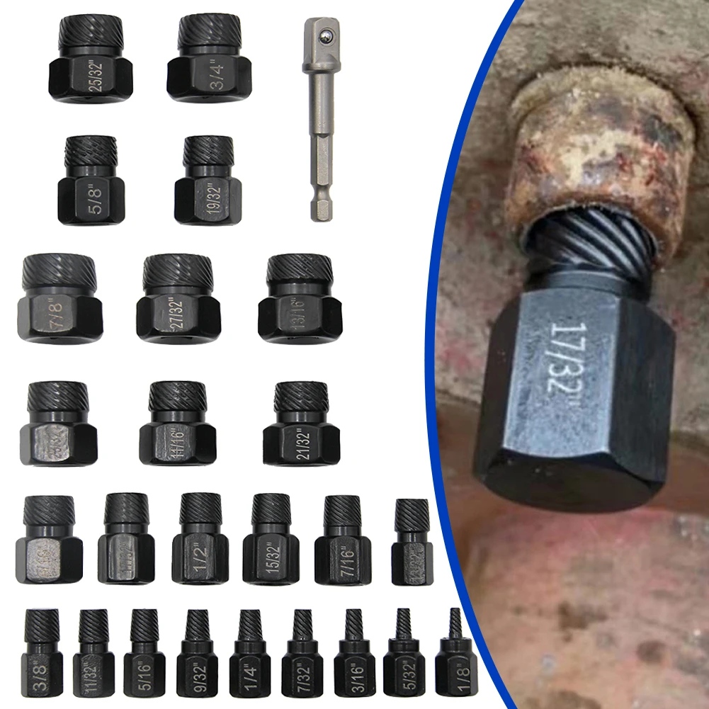 

26pcs Screw Bolt Extractor 1/8 Inch To 7/8 Inch For Stud Bolt Fitting Drill Bit Set Slip Broken Remover Hand Air Electric Tools