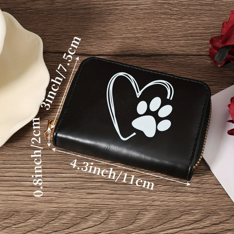 Heart-shaped Cat Paw Print Accordion Wallet for Women Faux Leather Card Holder Short Zipper Wallet