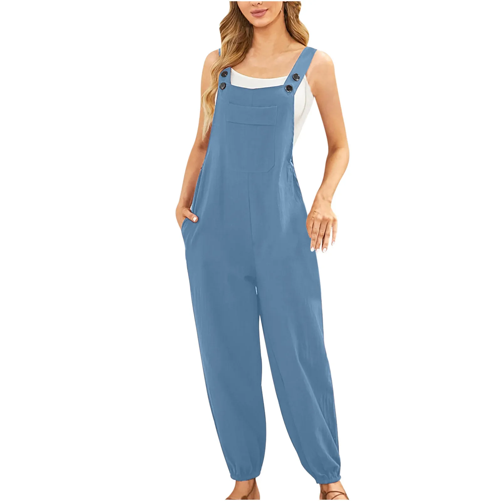 Cotton Linen Ladies Bib Pants Suspender Trouser Loose Casual Female Women One-Piece Romper Overalls Wide Leg Jumpsuit Streetwear 3