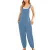 Cotton Linen Ladies Bib Pants Suspender Trouser Loose Casual Female Women One-Piece Romper Overalls Wide Leg Jumpsuit Streetwear 3